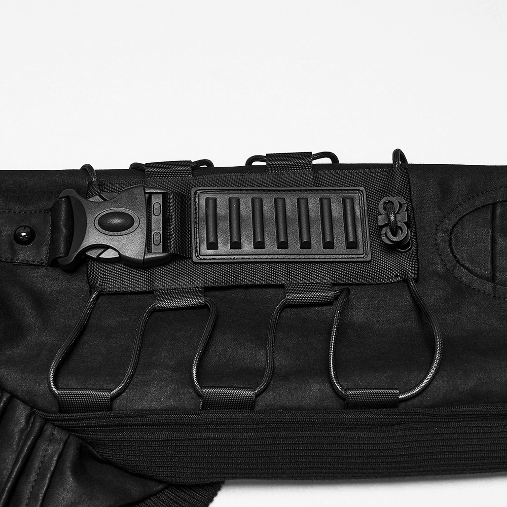 Cyberpunk Cropped Armored Jacket with Mechanical Details, black techwear belt detail with futuristic buckle