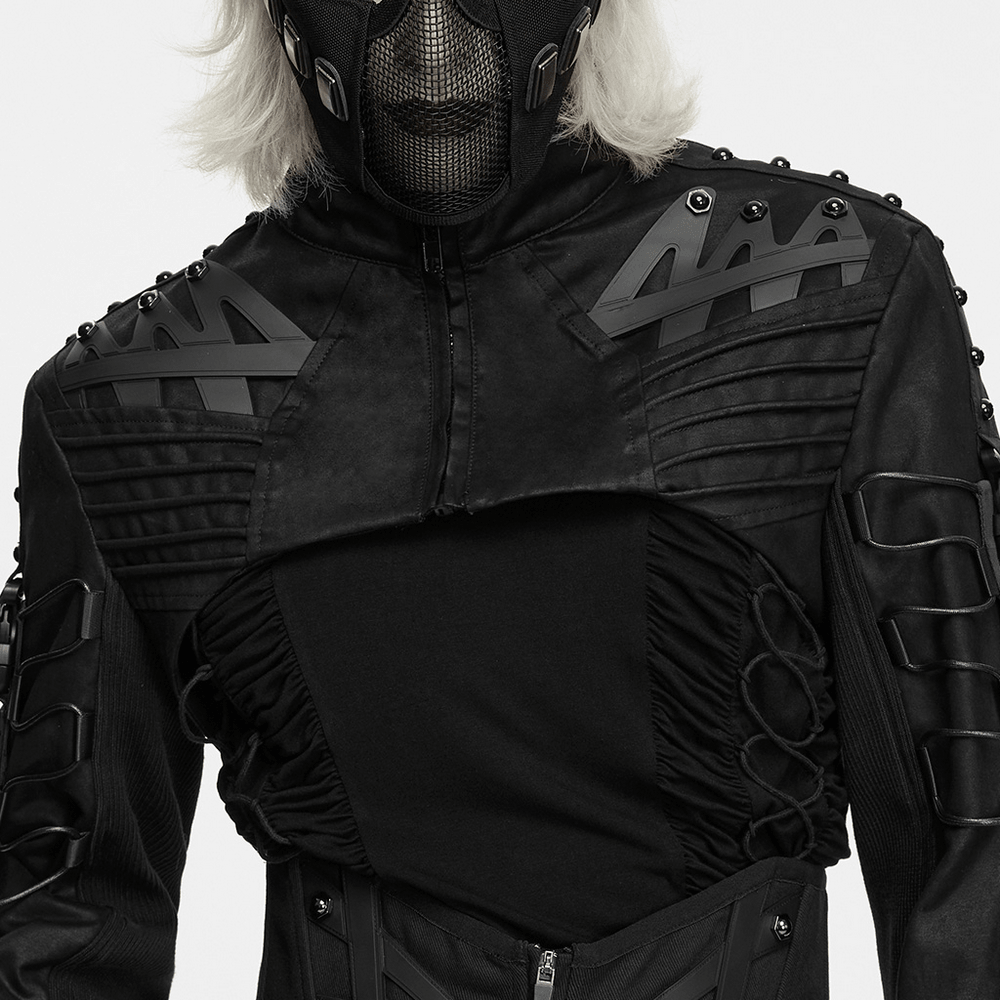 Cyberpunk Cropped Armored Jacket with Mechanical Details, black techwear jacket with angular shoulder armor and rivets