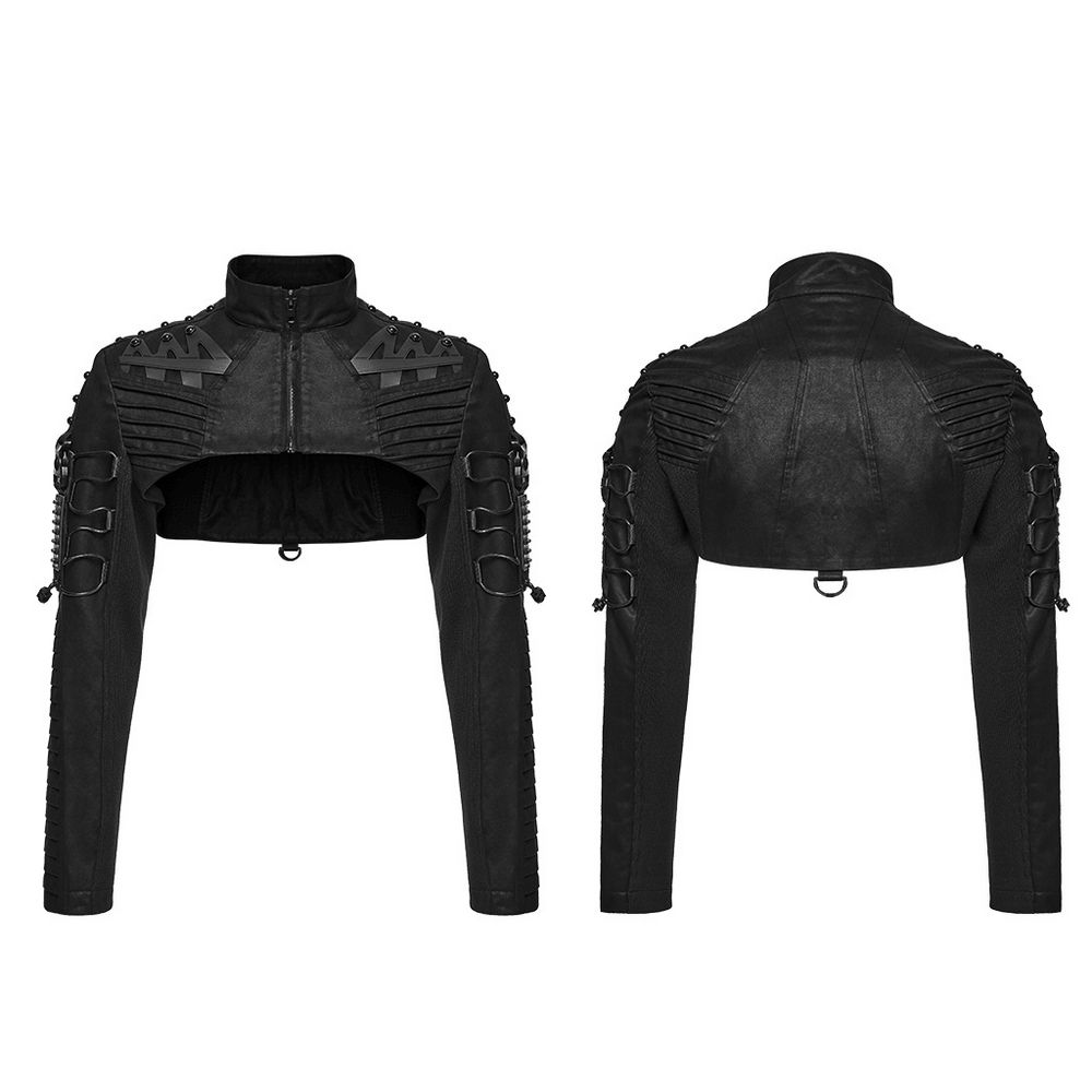 Cyberpunk Cropped Armored Jacket with Mechanical Details black techwear jacket front and back, futuristic rivets