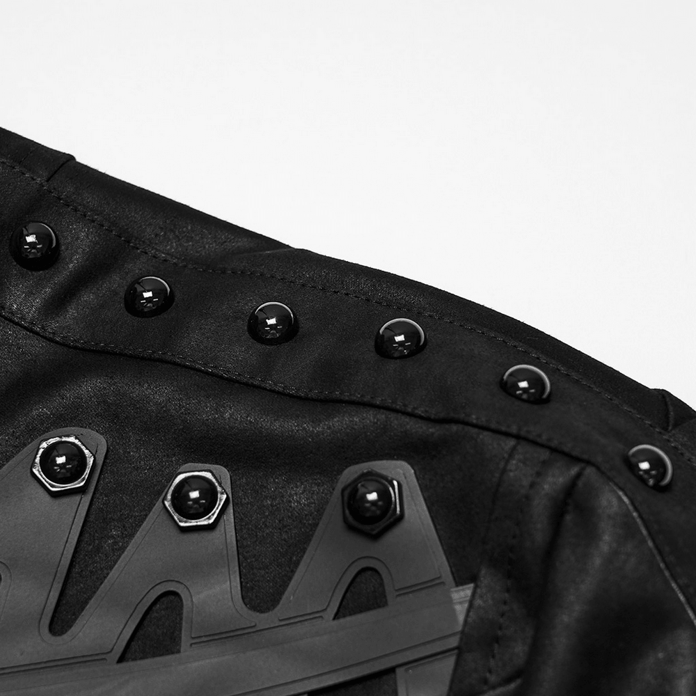 Cyberpunk Cropped Armored Jacket with Mechanical Details, black techwear shoulder armor with rivets and futuristic finish
