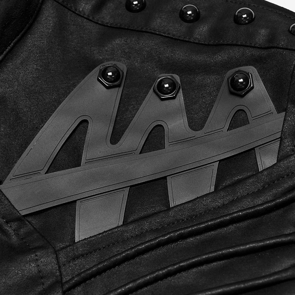 Cyberpunk Cropped Armored Jacket with Mechanical Details, black techwear with riveted mechanical panels and futuristic armor.