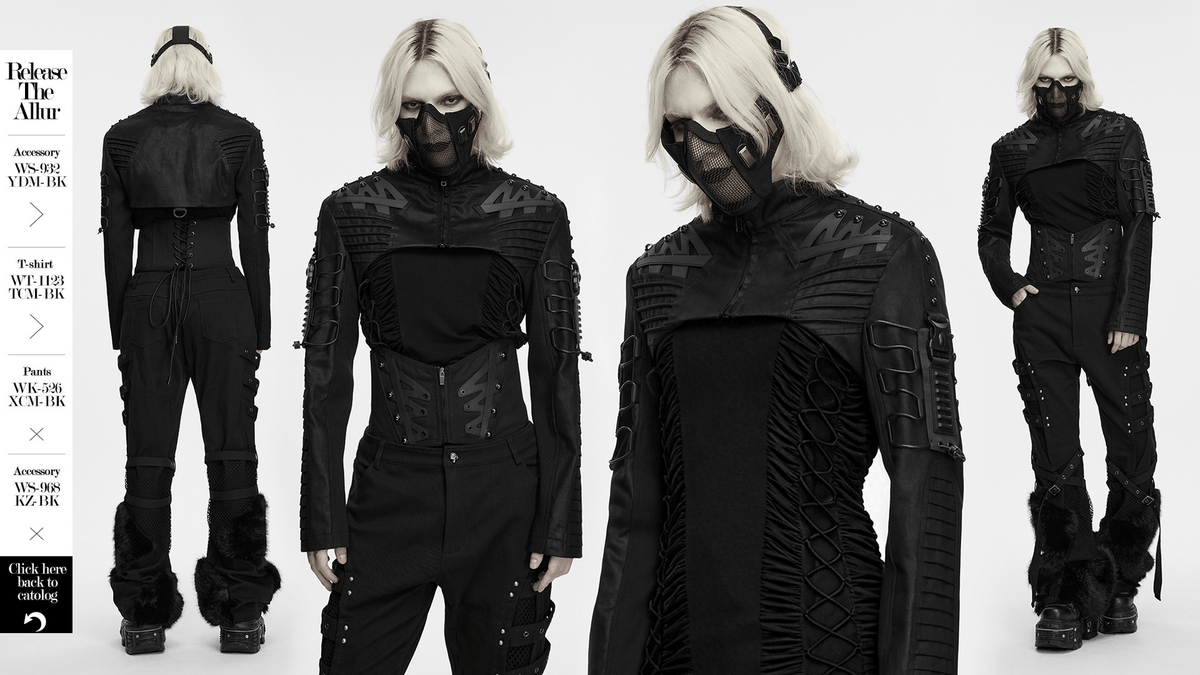Cyberpunk Cropped Armored Jacket with Mechanical Details black techwear model with mask and rivets