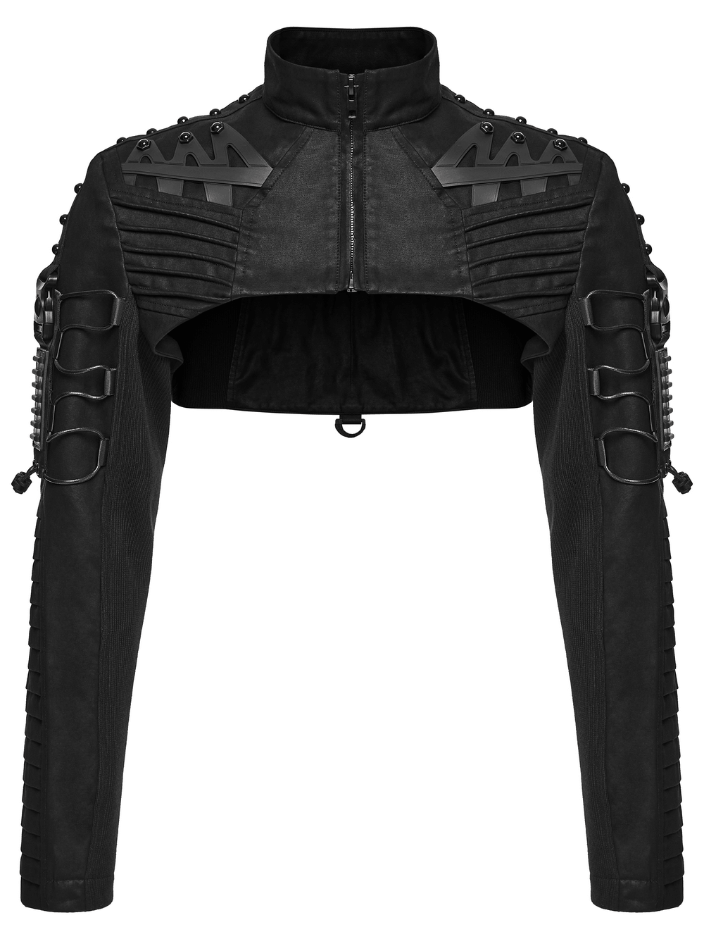 Cyberpunk Cropped Armored Jacket with Mechanical Details black techwear crop with rivets, armor panels and high collar