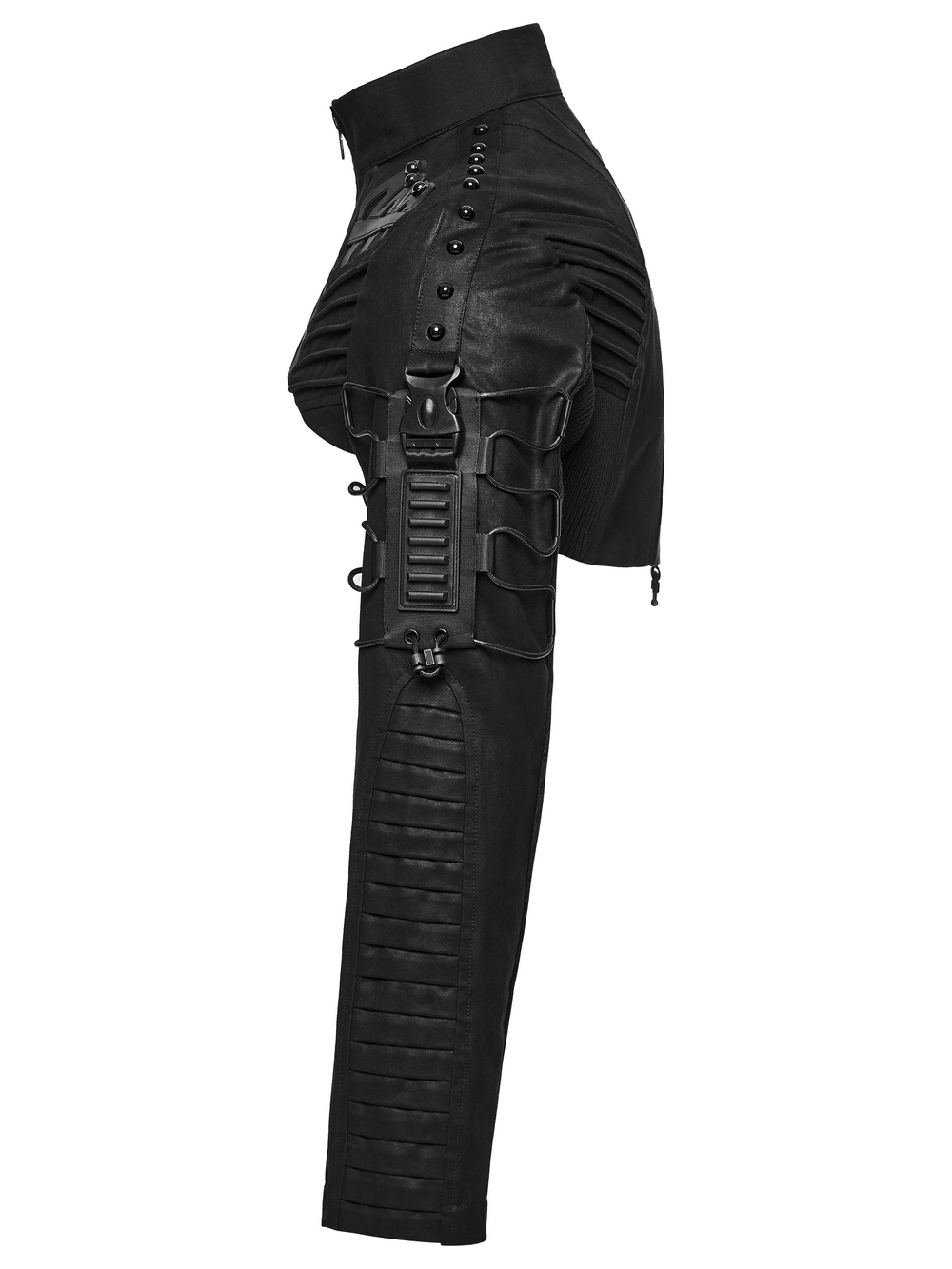 Cyberpunk Cropped Armored Jacket with Mechanical Details, black techwear with rivets, armor panels and zipper