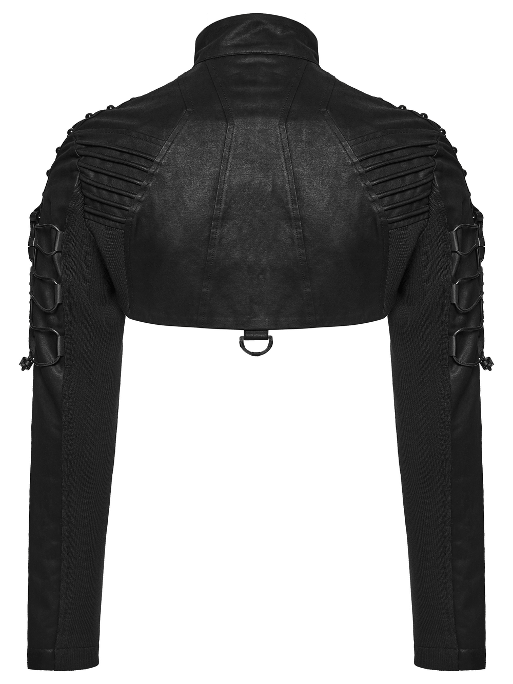 Cyberpunk Cropped Armored Jacket with Mechanical Details black techwear jacket with armored shoulders and riveted sleeves