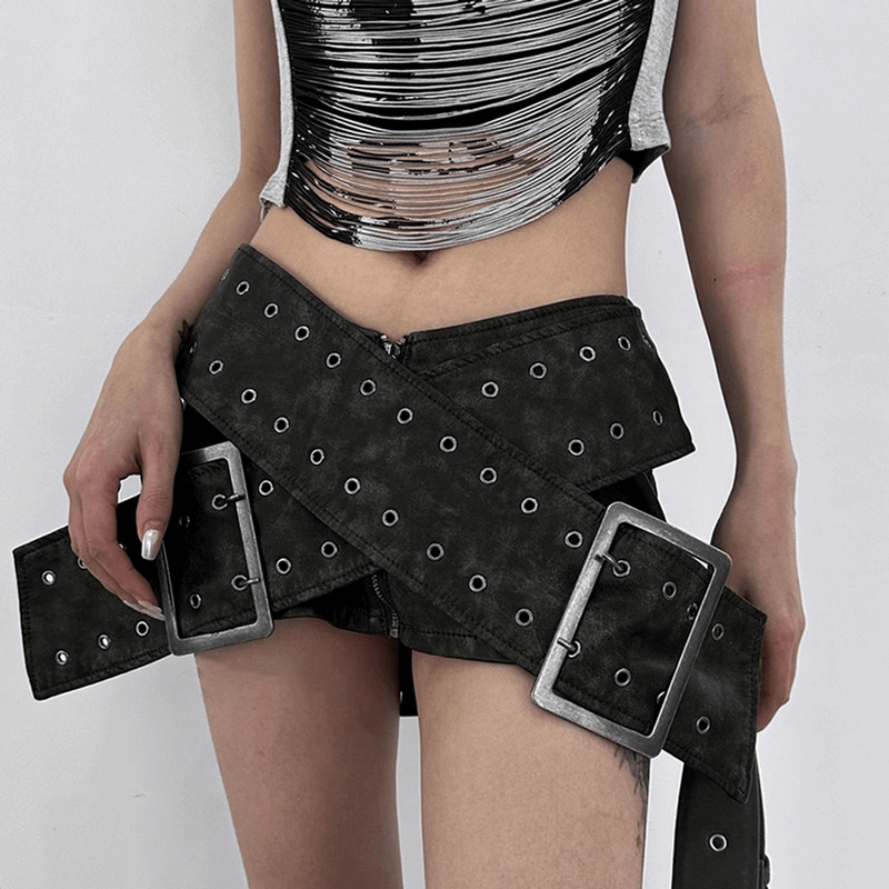 Edgy women's black leather skirt with futuristic cross-belt design, perfect for cyberpunk fashion lovers.