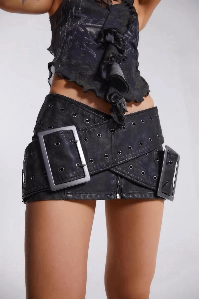 Edgy women's cyberpunk cross-belt leather skirt with large buckles and a stylish low waist design.