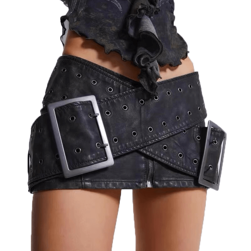 Cyberpunk women's leather skirt with cross-belt and edgy bodycon style, perfect for alternative fashion.