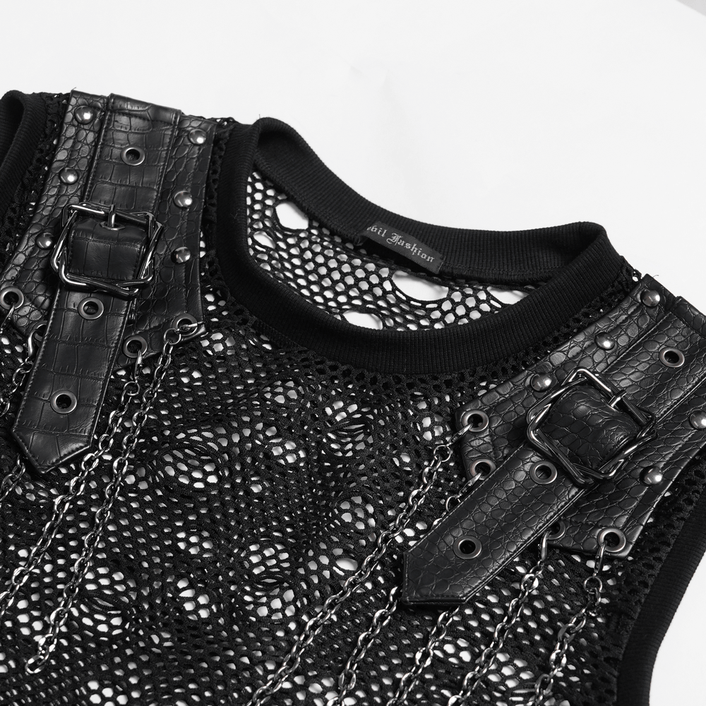 Cyberpunk Netzoberteil im Used-Look mit Schnallenschulterträgern