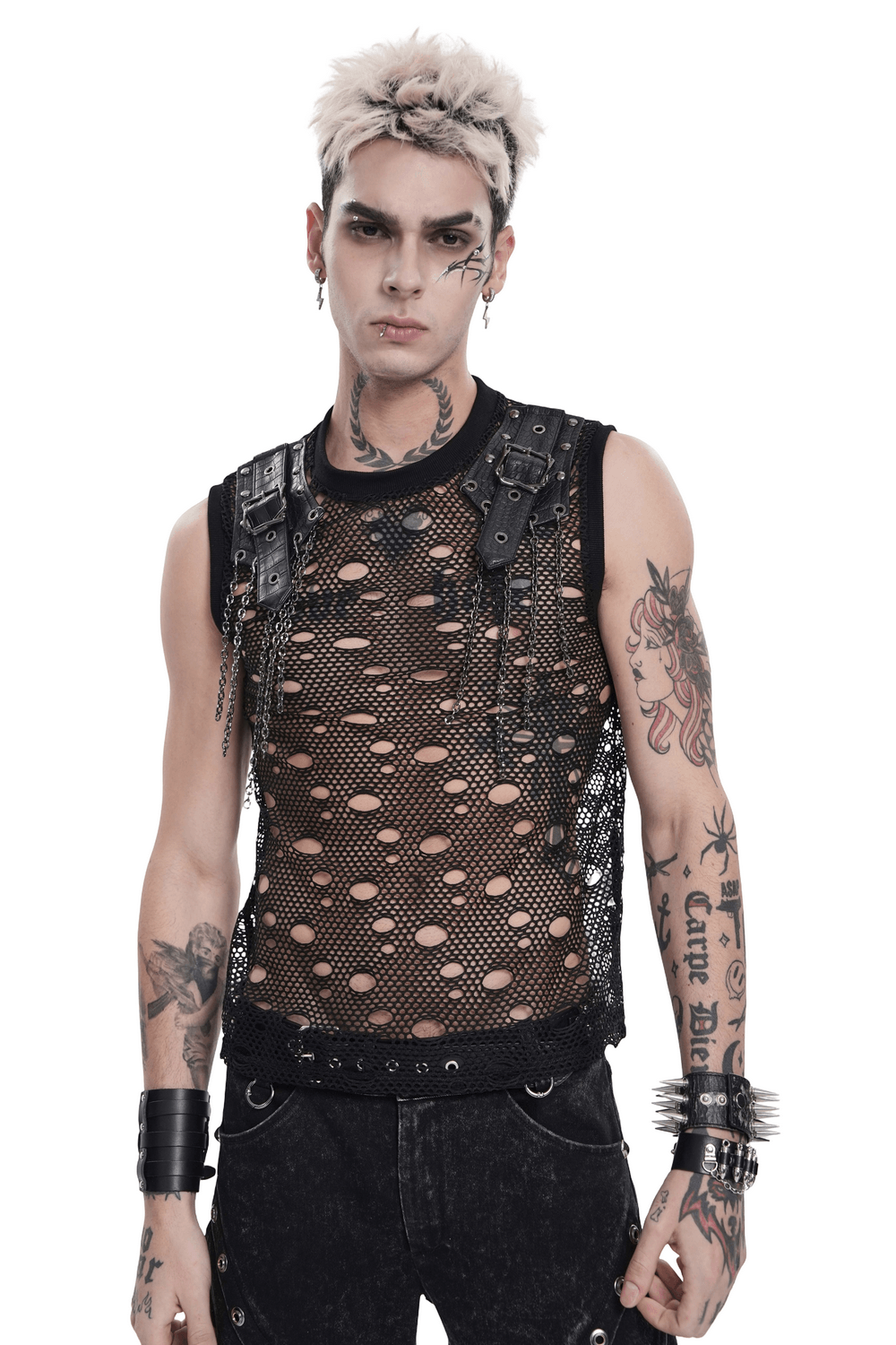 Cyberpunk Netzoberteil im Used-Look mit Schnallenschulterträgern
