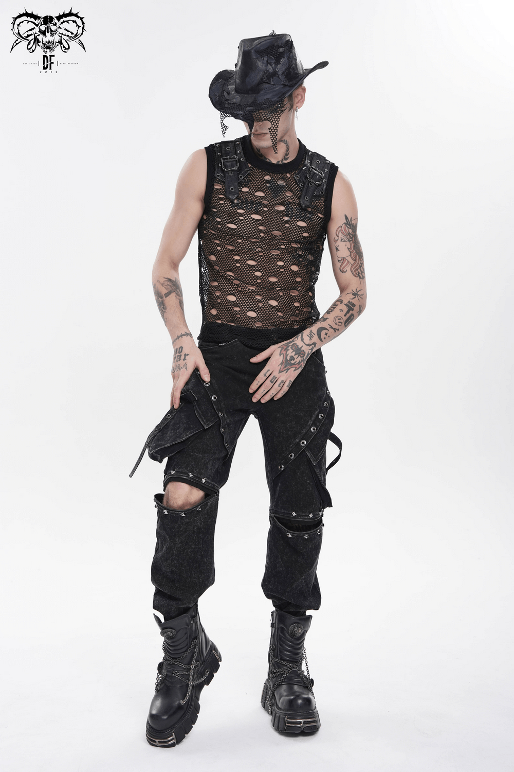 Cyberpunk Netzoberteil im Used-Look mit Schnallenschulterträgern