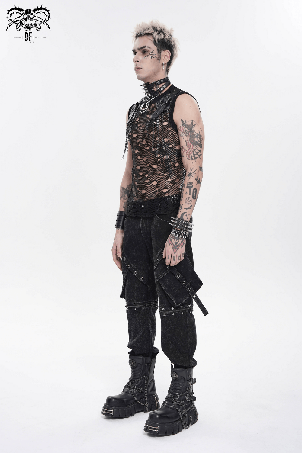 Cyberpunk Netzoberteil im Used-Look mit Schnallenschulterträgern