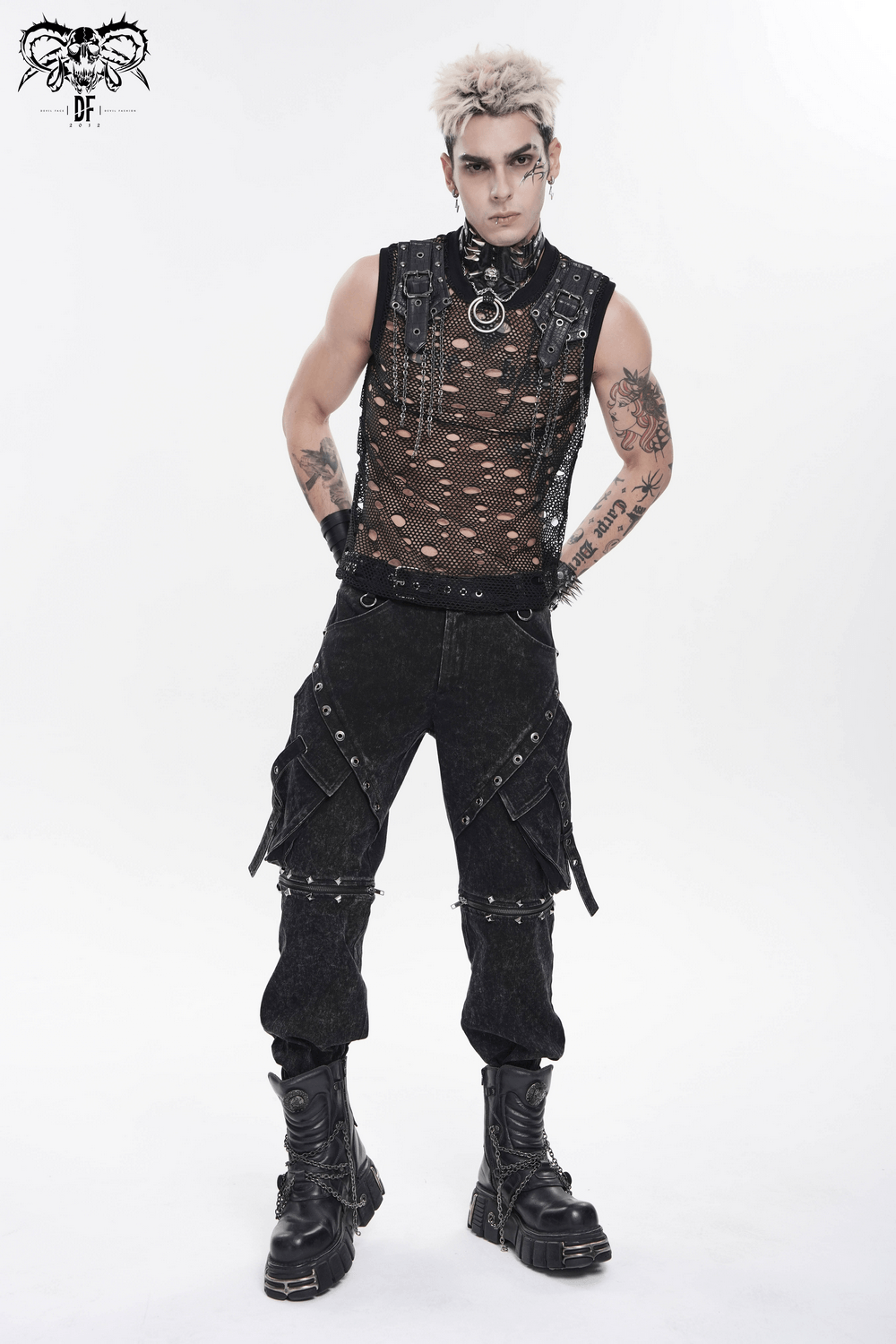 Cyberpunk Netzoberteil im Used-Look mit Schnallenschulterträgern