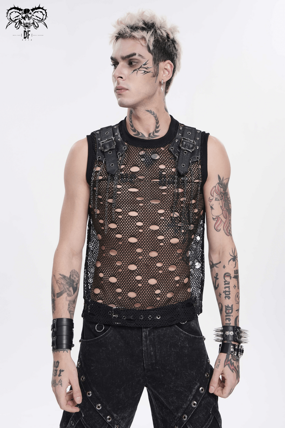 Cyberpunk Netzoberteil im Used-Look mit Schnallenschulterträgern