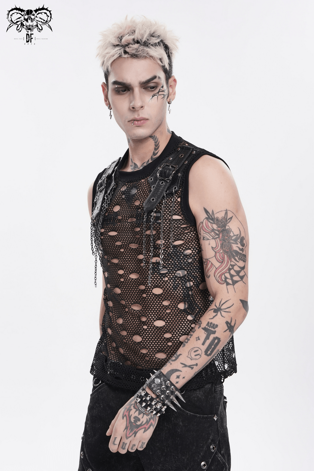 Cyberpunk Netzoberteil im Used-Look mit Schnallenschulterträgern