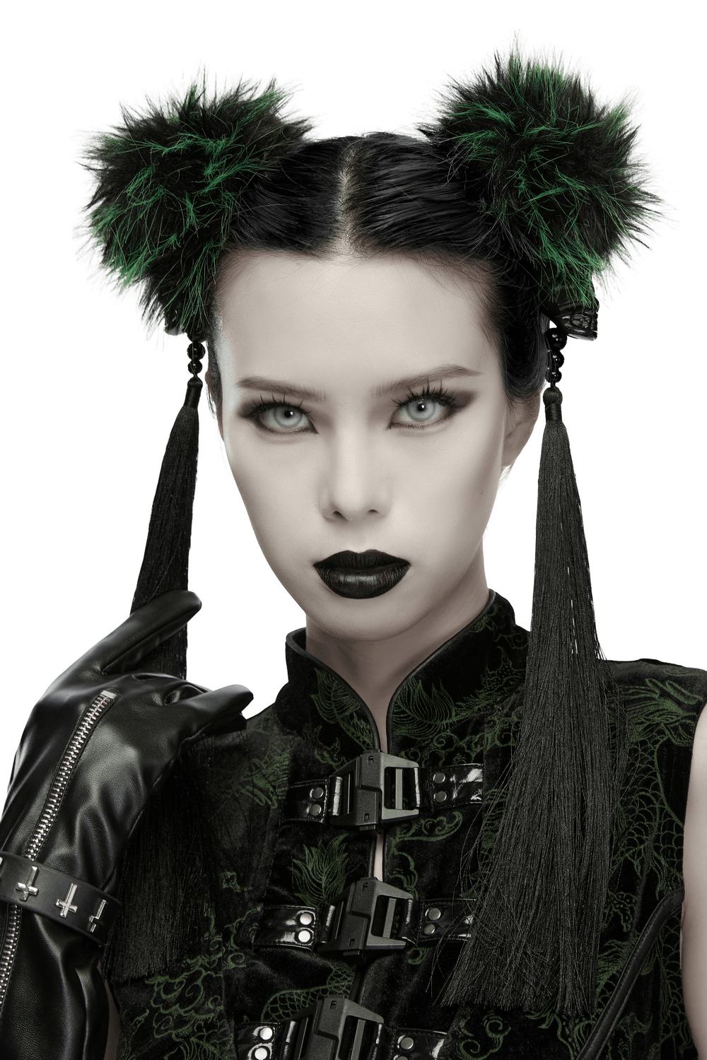 Cyberpunk Faux Fur Skull Tassel Hair Accessories with pom-poms and striking skull details for a bold aesthetic.