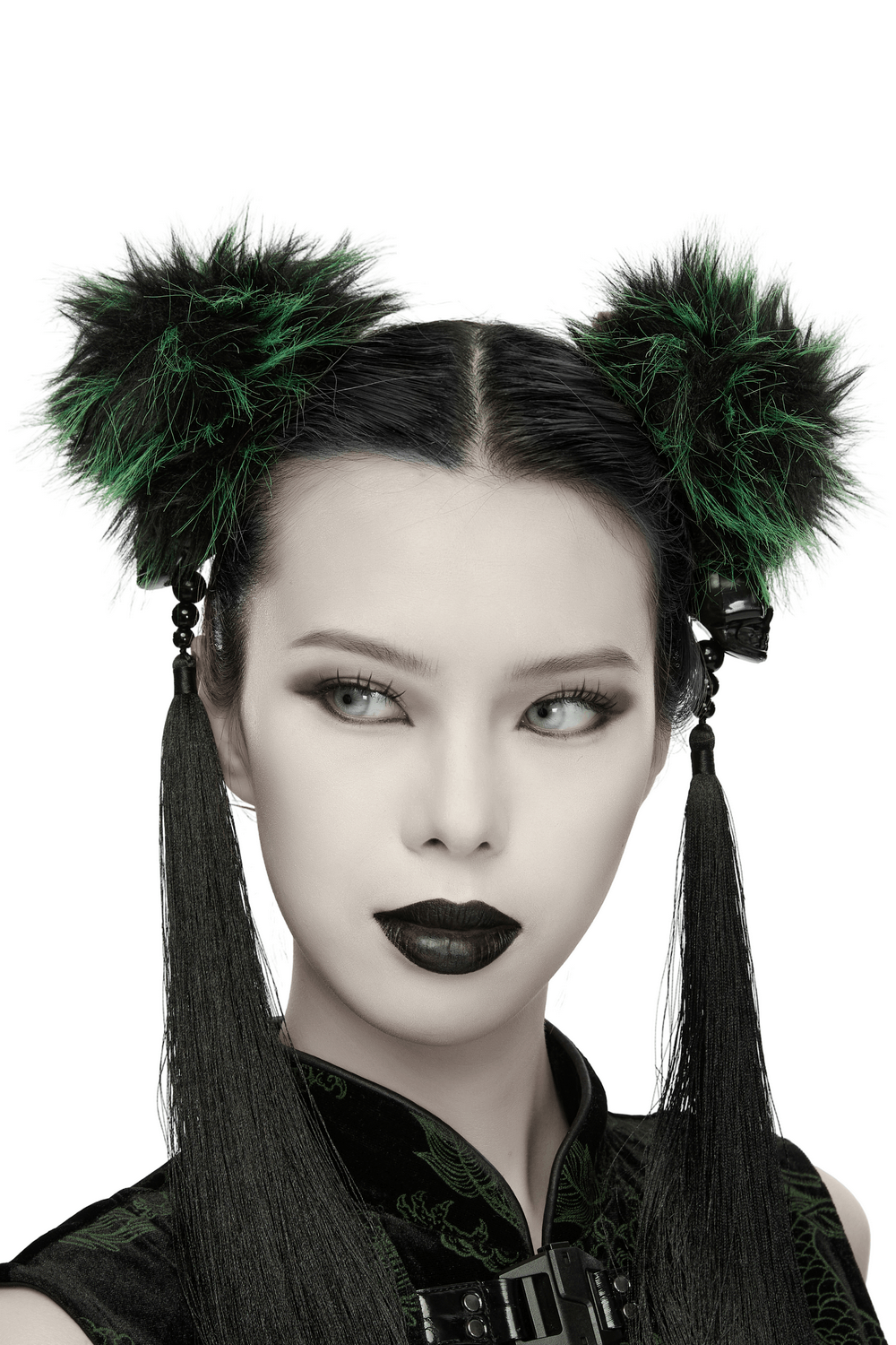 Cyberpunk Faux Fur Skull Tassel Hair Accessories with green faux fur pom-poms and bold hair design.
