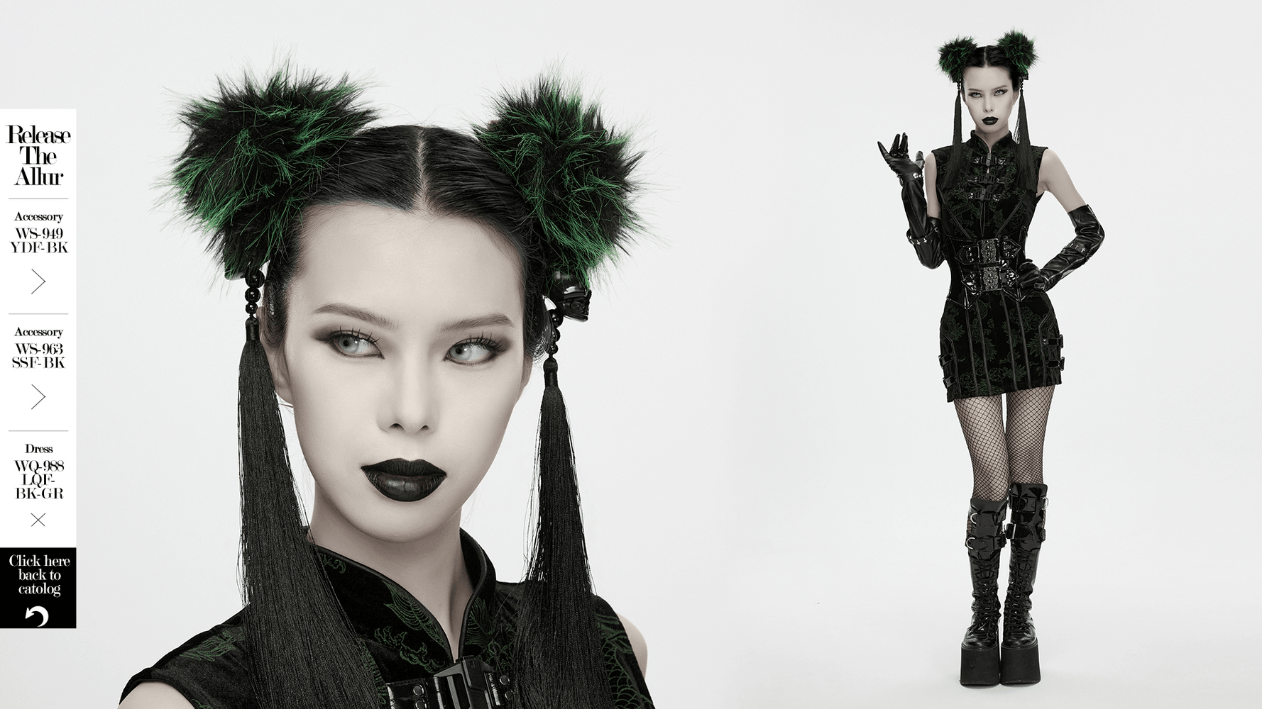Cyberpunk Faux Fur Skull Tassel Hair Accessories showcased with striking green pom-poms and bold black attire.