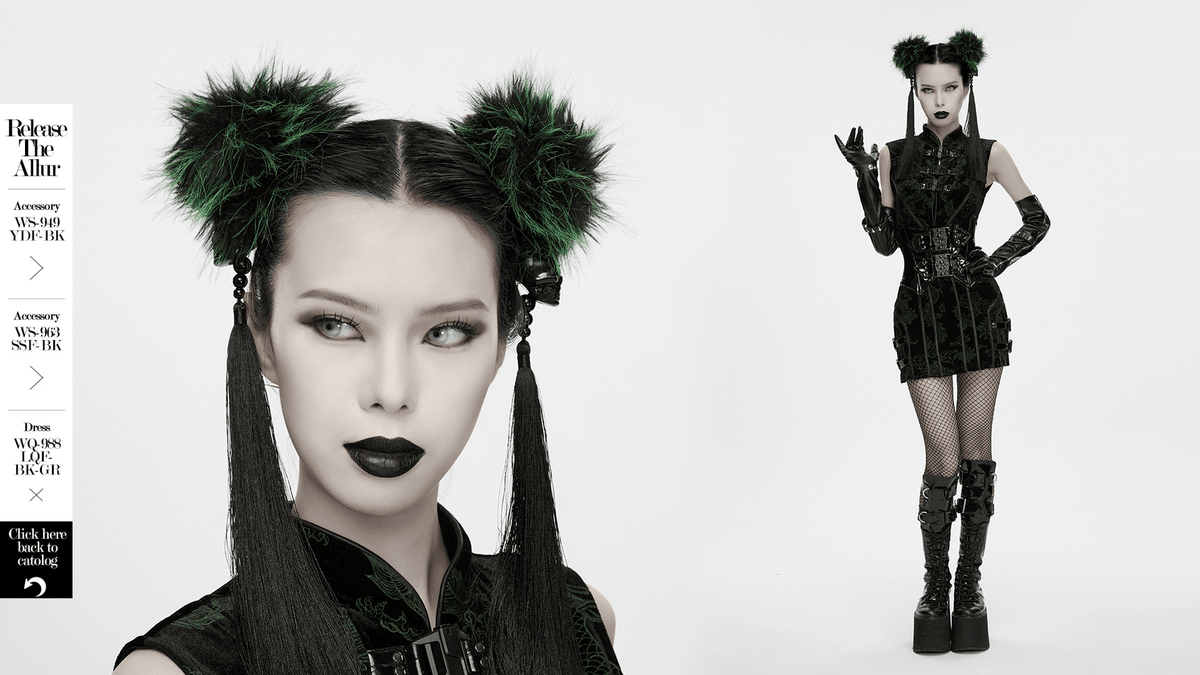 Cyberpunk Faux Fur Skull Tassel Hair Accessories showcased with striking green pom-poms and bold black attire.