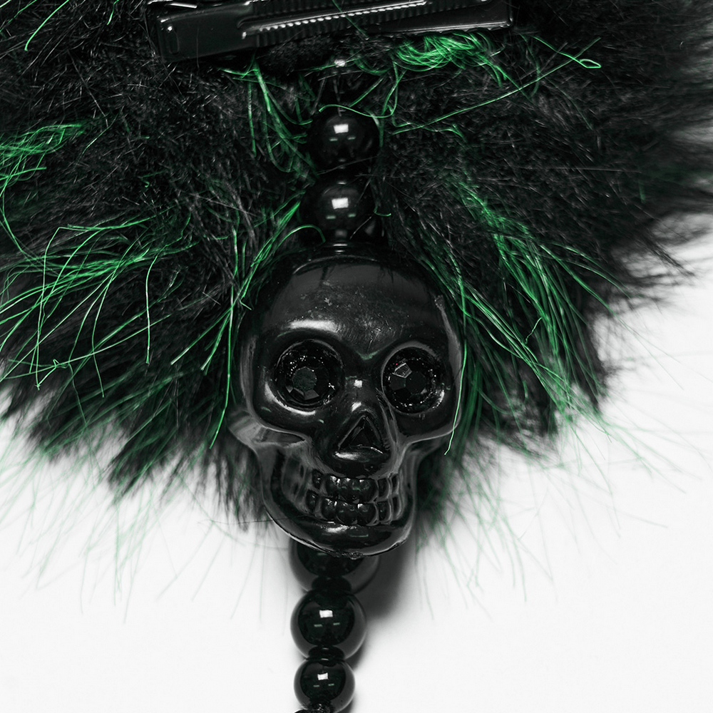 Cyberpunk Faux Fur Skull Tassel Hair Accessories featuring a plush black pom-pom and detailed skull design.