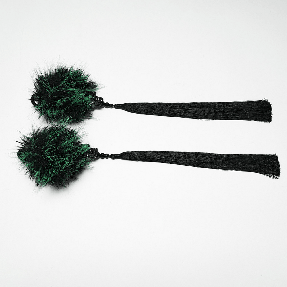 Cyberpunk Faux Fur Skull Tassel Hair Accessories featuring plush pom-poms and tassels for a bold look.