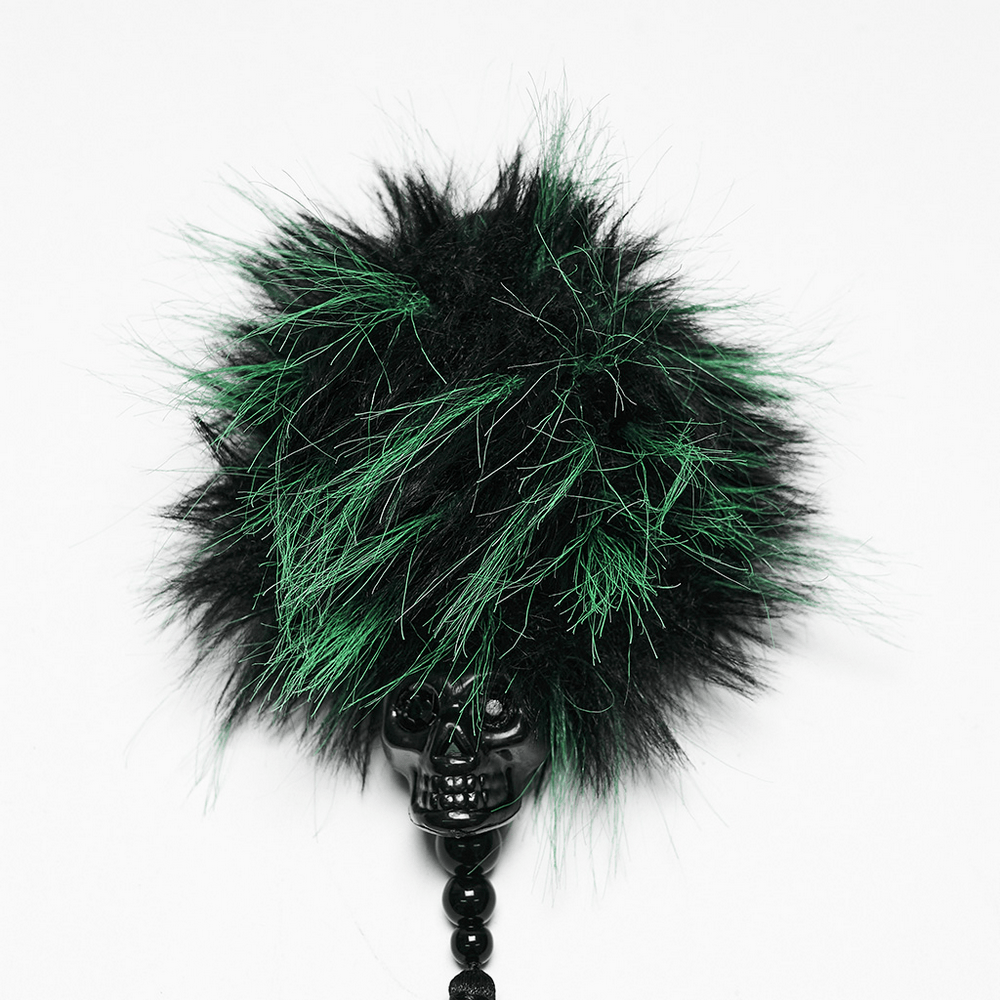 Cyberpunk Faux Fur Skull Tassel Hair Accessories with black and green pom-pom and skull design.