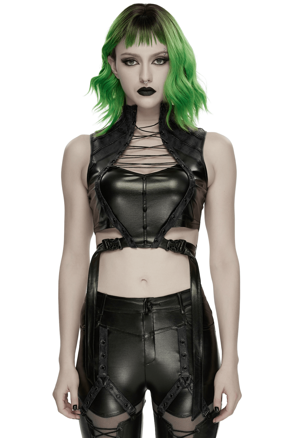 Cyberpunk Faux Leather Lace Up Harness Crop Top with buckle waist cutout gothic black faux leather, front lace-up detail, futuristic edgy look