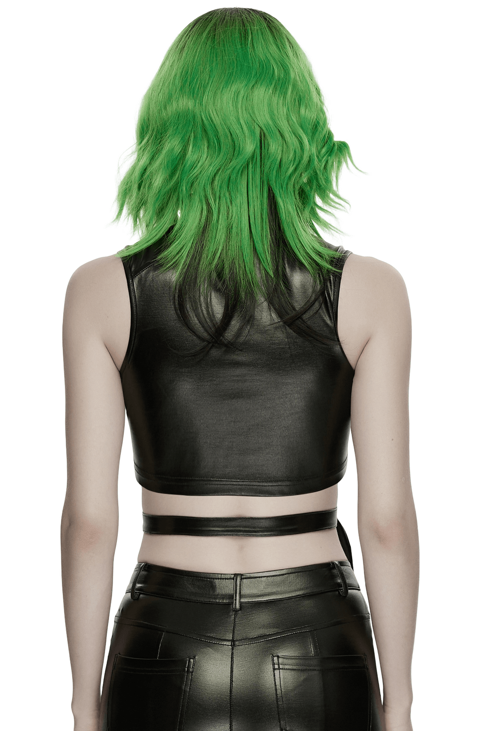 Alt Tag: Cyberpunk Faux Leather Lace Up Harness Crop Top back view in black faux leather, sleek cropped fit with buckle waist vibe