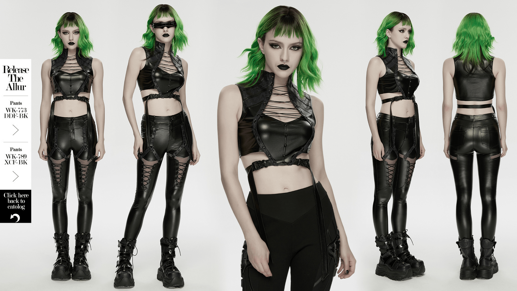 Alt Tag: Cyberpunk Faux Leather Lace Up Harness Crop Top on model, black faux leather cutout gothic top with waist buckle and lace-up front