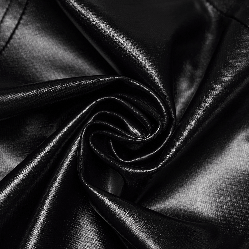 Alt Tag: Cyberpunk Faux Leather Lace Up Harness Crop Top black faux leather fabric close-up, glossy gothic cyberpunk texture