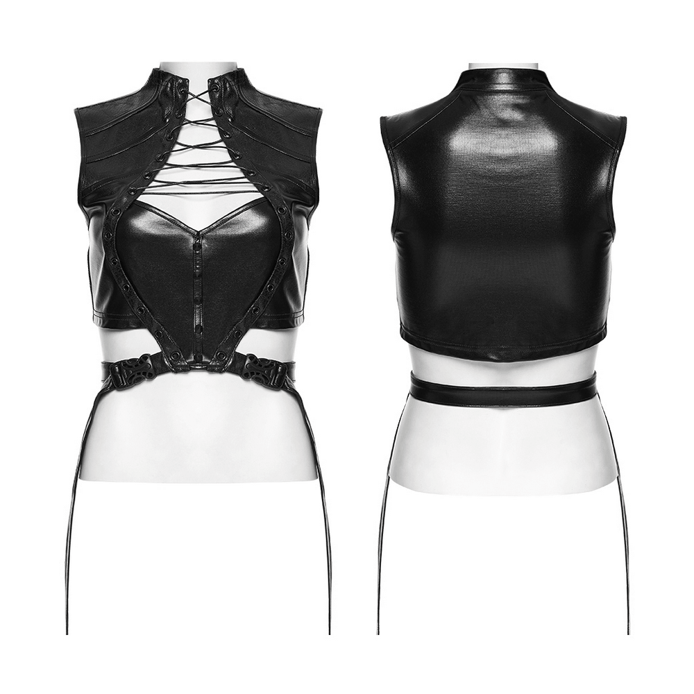 Alt Tag: Cyberpunk Faux Leather Lace Up Harness Crop Top black gothic buckle waist cutout front and back view
