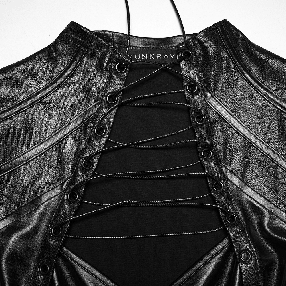 Cyberpunk Faux Leather Lace Up Harness Crop Top close-up of black lace-up front cutout, gothic cyberpunk faux leather detail