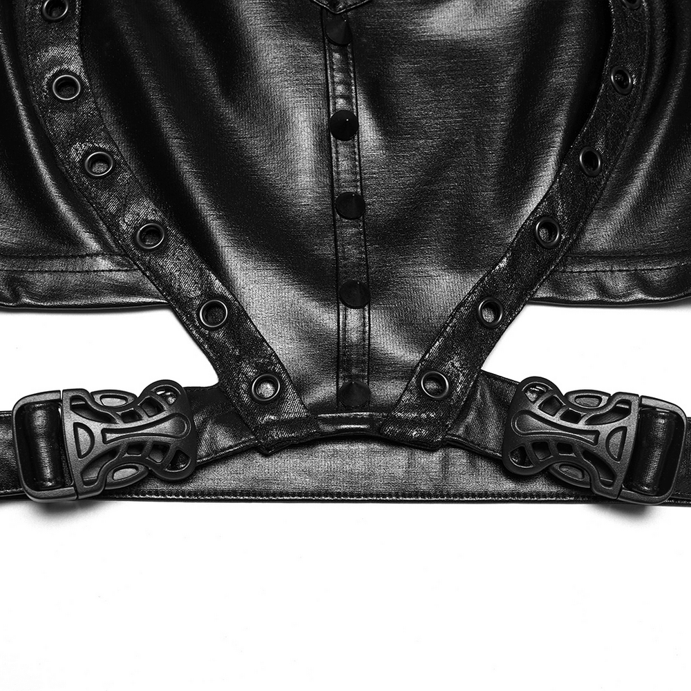 Alt Tag: Cyberpunk Faux Leather Lace Up Harness Crop Top in black faux leather with grommet straps, snap-front, and adjustable buckle waist