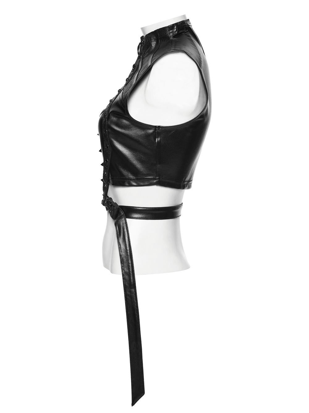 Alt Tag: Cyberpunk Faux Leather Lace Up Harness Crop Top side view black faux leather lace-up cutout gothic crop top with waist buckle strap