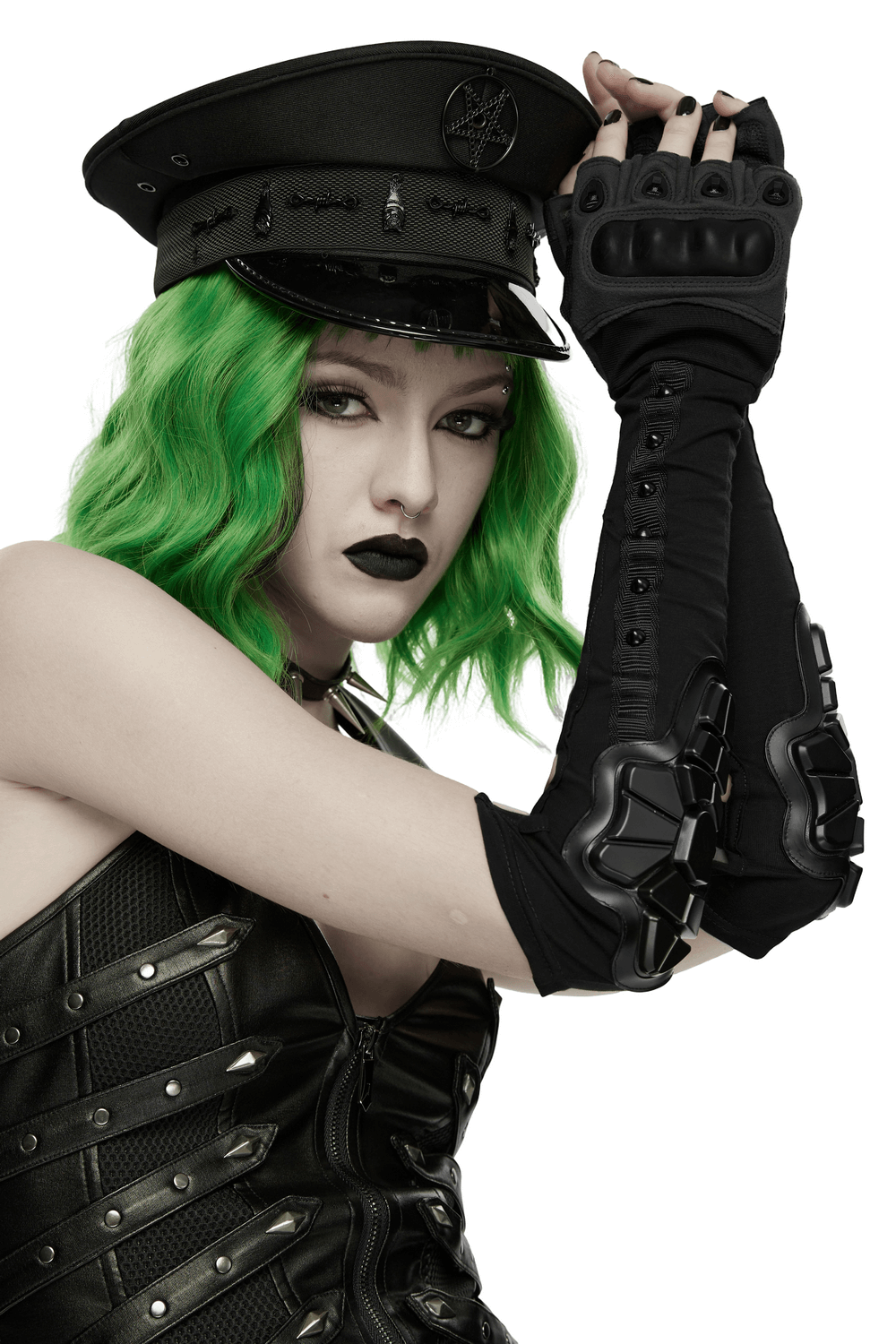 Cyberpunk Fingerless Gloves with Shock-Absorbing Armor worn by model with green hair and edgy styling