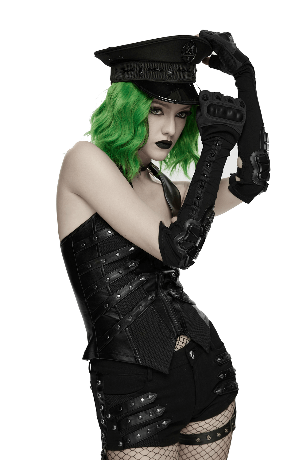 Cyberpunk Fingerless Gloves with Shock-Absorbing Armor worn by a model featuring edgy black and green attire.