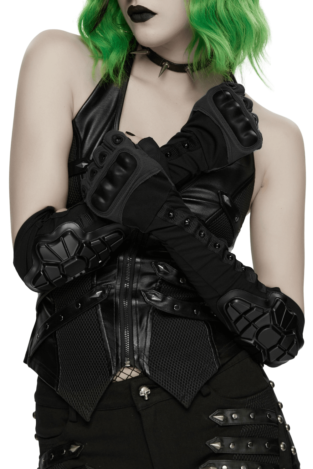 Cyberpunk Fingerless Gloves with Shock-Absorbing Armor showcased by model in black leather outfit.