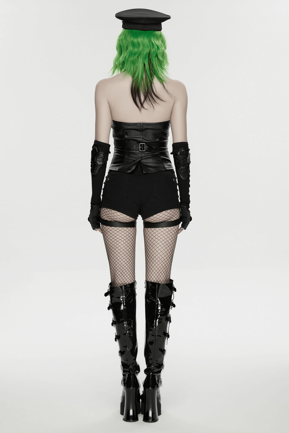 Cyberpunk Fingerless Gloves with Shock-Absorbing Armor showcased in a stylish edgy outfit.