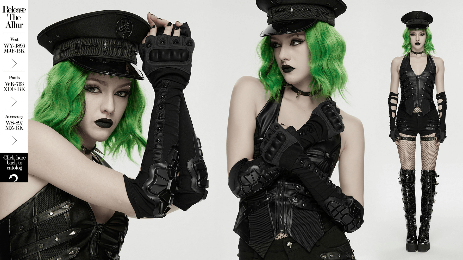 Cyberpunk Fingerless Gloves with Shock-Absorbing Armor worn by model with green hair in a stylish outfit.