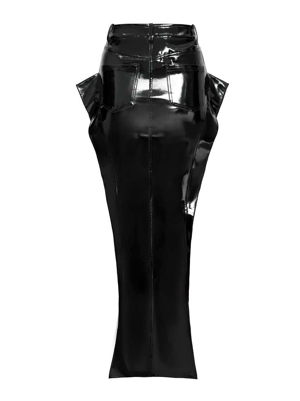 Alt Tag: Cyberpunk High Waist Split Skirt With Strap Detail glossy black patent maxi skirt with front zip, buckle harness straps and sculptural side panels