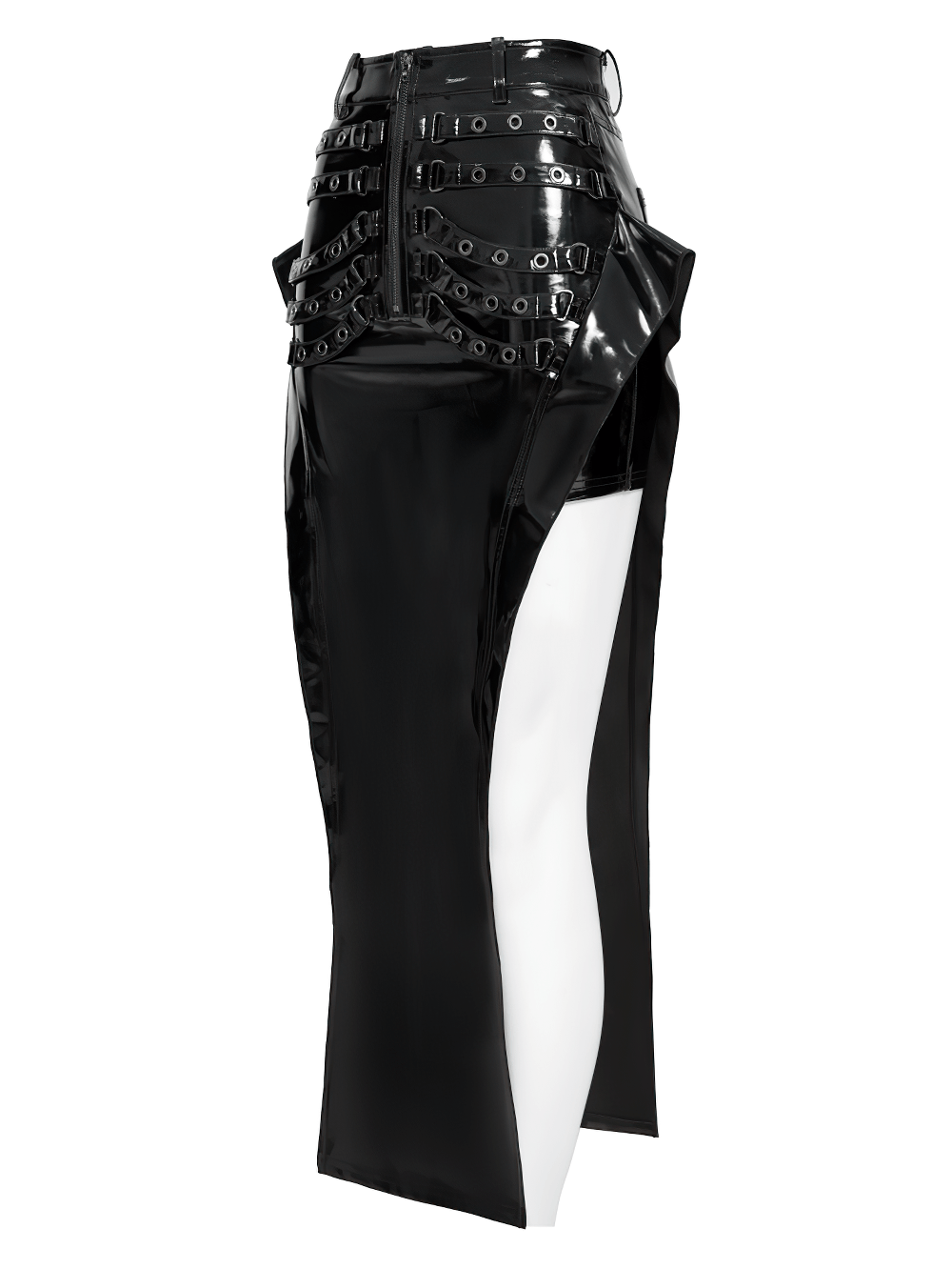 Alt Tag: Cyberpunk High Waist Split Skirt With Strap Detail glossy black patent maxi skirt with buckle harness straps and dramatic side slit