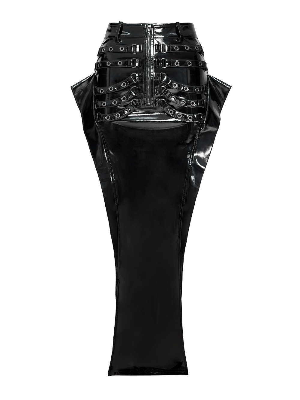 Alt Tag: Cyberpunk High Waist Split Skirt With Strap Detail glossy black patent maxi skirt with front zip, buckle harness straps, high waist cutout