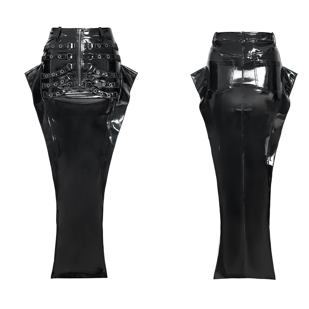 Alt Tag: Cyberpunk High Waist Split Skirt With Strap Detail glossy black patent maxi skirt with buckle harness straps, front zip, front and back view