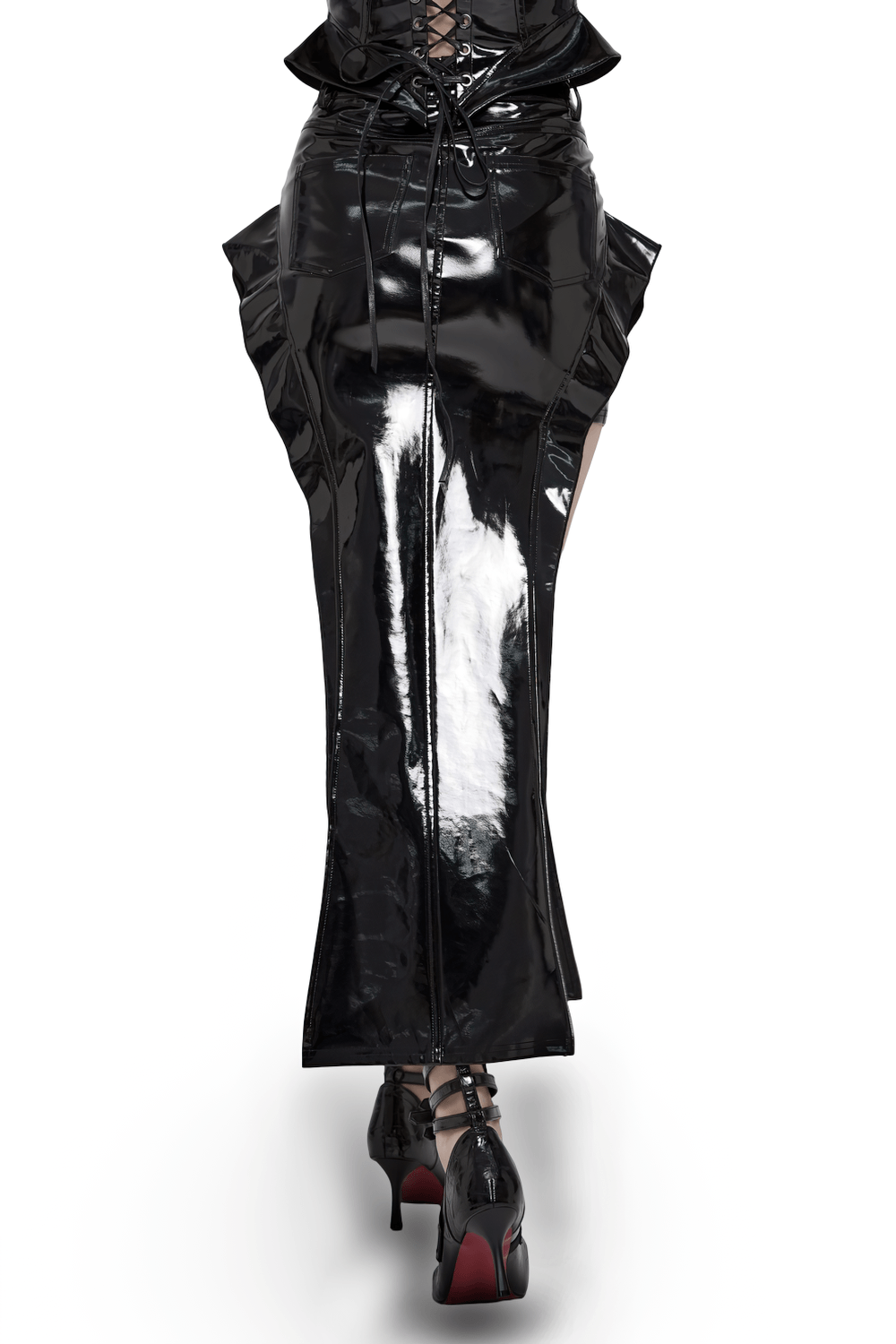 Alt Tag: Cyberpunk High Waist Split Skirt With Strap Detail glossy black patent harness maxi skirt with front zip and buckle straps
