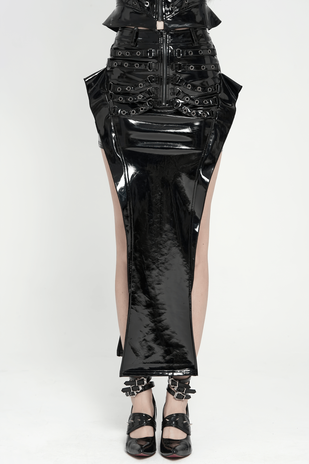 Alt Tag: Cyberpunk High Waist Split Skirt With Strap Detail glossy black patent maxi skirt with front zip, buckle harness straps, dramatic split