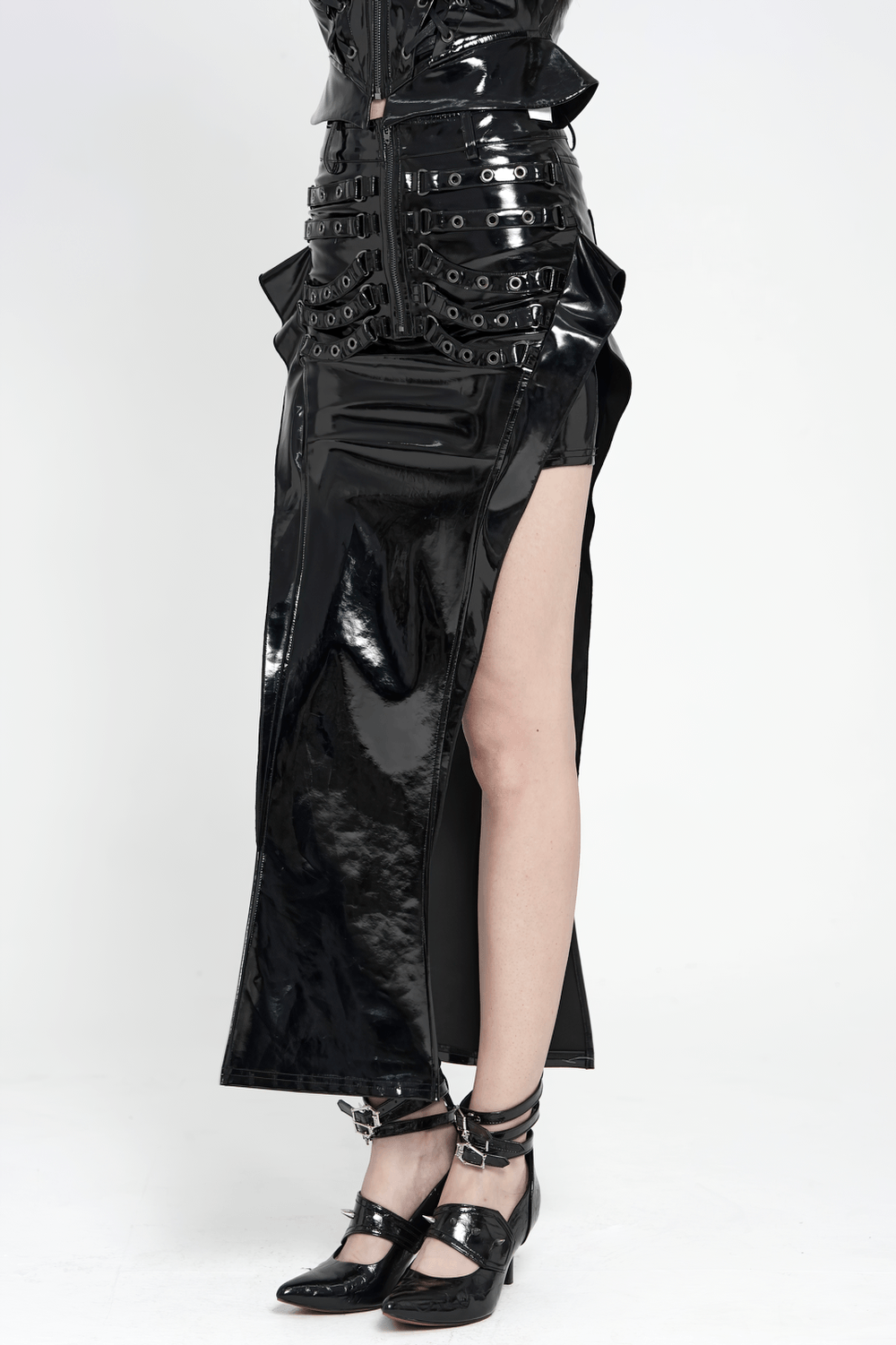 Alt Tag: Cyberpunk High Waist Split Skirt With Strap Detail glossy black patent harness maxi skirt with buckle straps, high slit and front zip