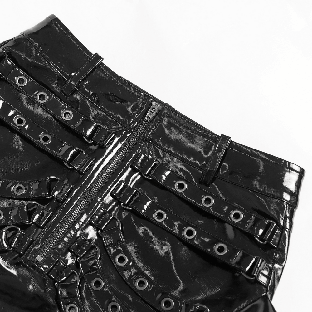 Alt Tag: Cyberpunk High Waist Split Skirt With Strap Detail glossy black patent maxi skirt close-up with front zipper and buckle harness straps
