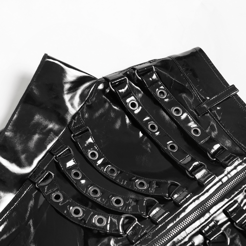 Alt Tag: Cyberpunk High Waist Split Skirt With Strap Detail glossy black patent maxi skirt close-up with buckle strap harness and front zip