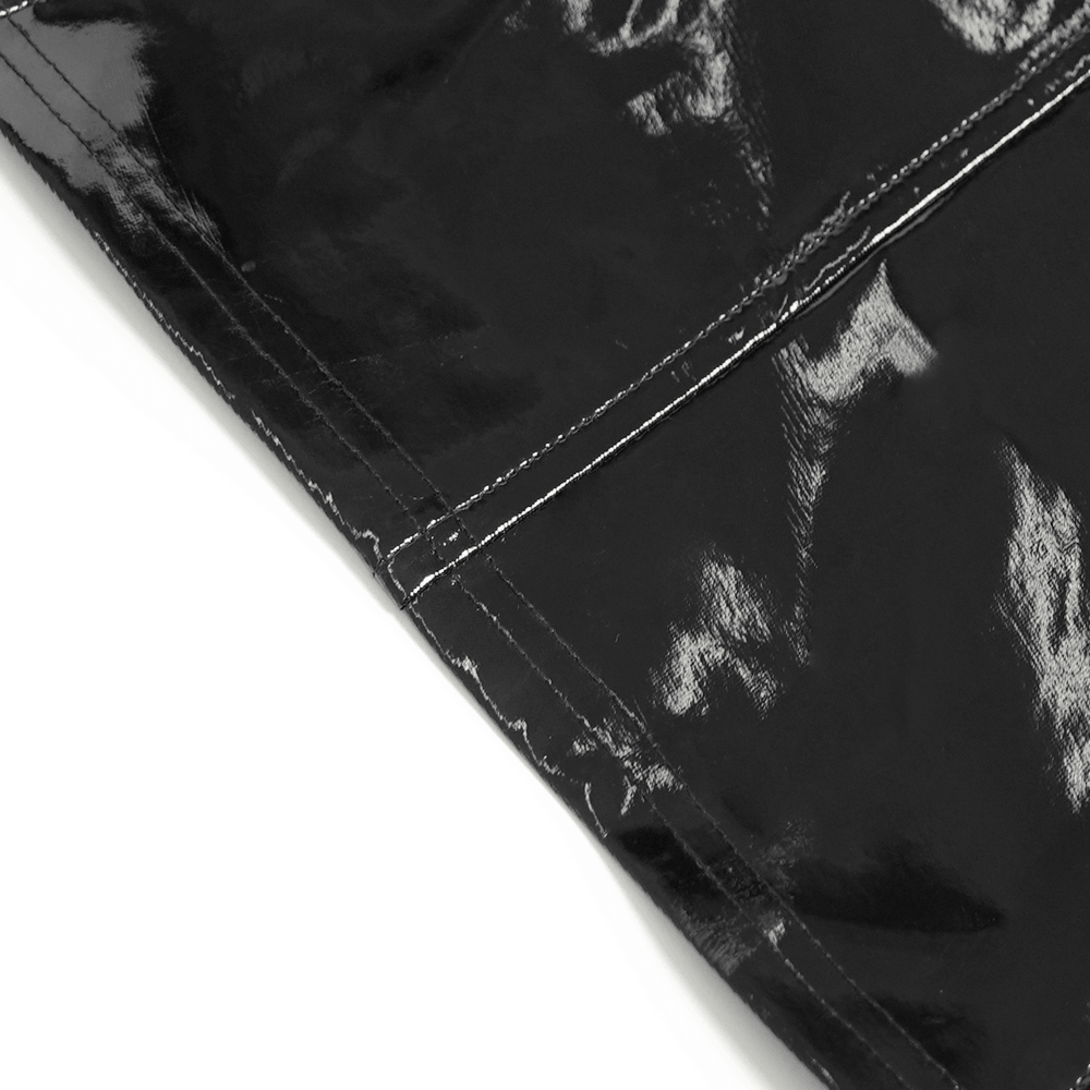 Alt Tag: Cyberpunk High Waist Split Skirt With Strap Detail glossy black patent maxi skirt hem close-up with stitched seam, goth industrial shine