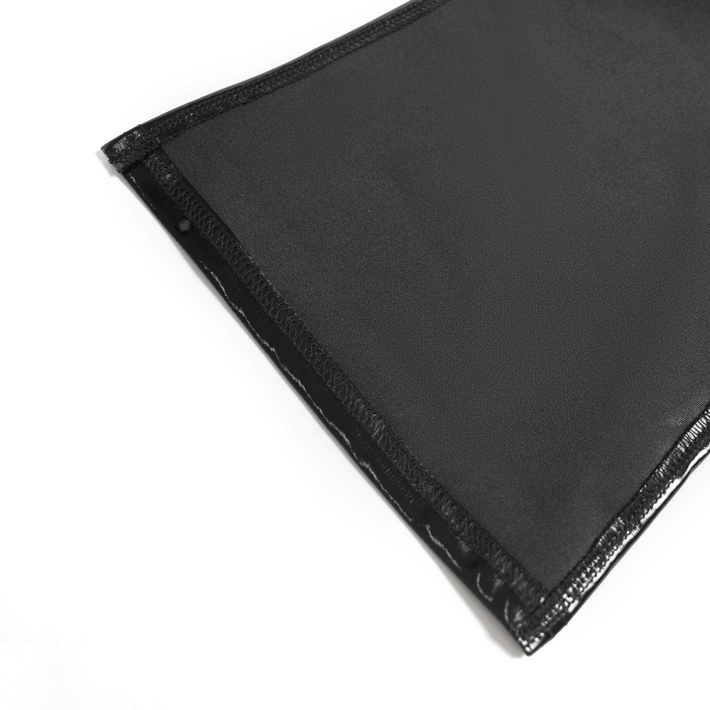 Alt Tag: Cyberpunk High Waist Split Skirt With Strap Detail patent harness maxi skirt close-up, glossy black hem stitching and edge trim